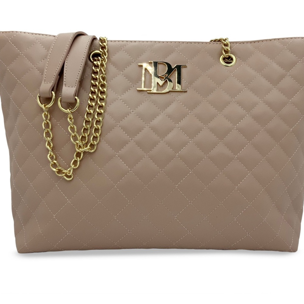 Badgley Mischka Tan Gold Quilted Tote with Chain Strap